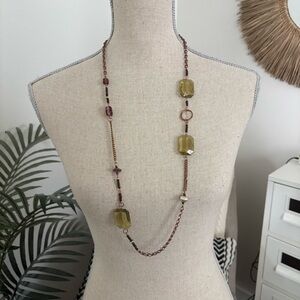 🪴$5/25🪴 Copper Tone Long Beaded Necklace Green Purple Gold